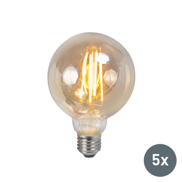 Set van 5 LED filament lamp E27 5W 2200K G95 smoke dimbaar