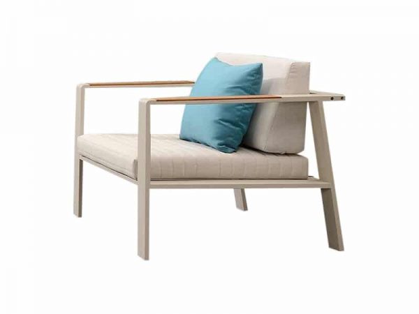 Nofi lounge stoel alu white grey/teak + light grey met blauw sierkussen