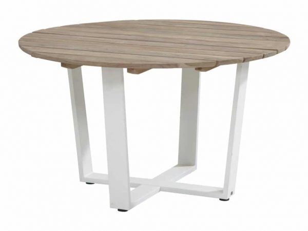 Cricket tafel teaktop rond + wit aluminium onderstel?130cm