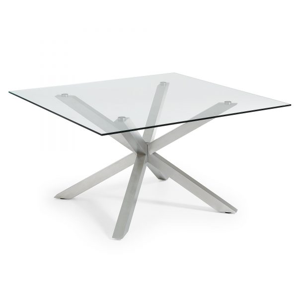 Kave Home Eettafel 'Argo C' geborsteld RVS / glas vierkant, 149 x 149cm