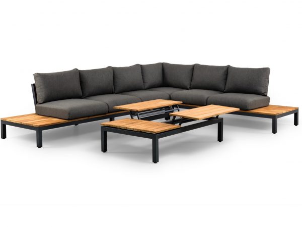 Memphis hoek loungeset 4-delig zwart aluminium + donker grijze kussens