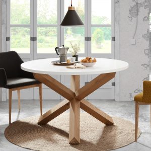 Kave Home Ronde Eettafel 'Lotus' wit MDF met eiken kruispoot, 120cm