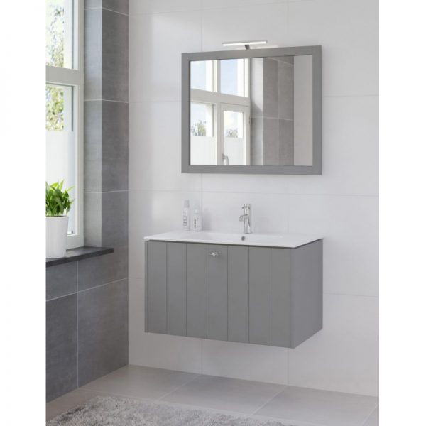 Bruynzeel Bino meubelset 90 cm. met spiegel en keram.wastafel puur grijs