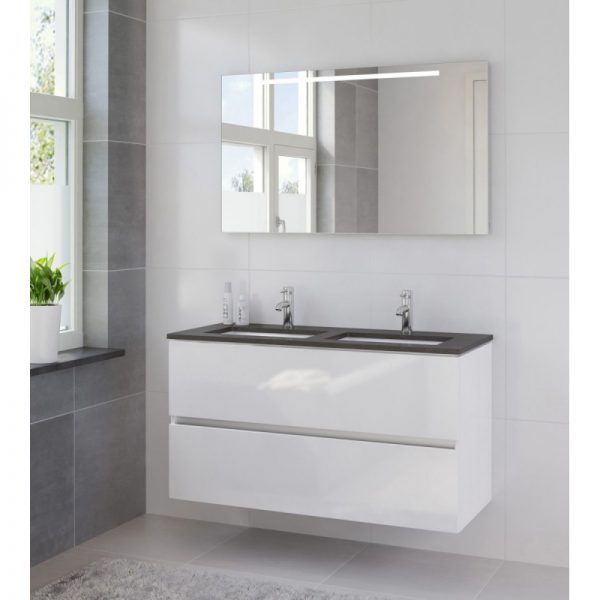 Bruynzeel Miko meubelset 120cm.spiegel-blad graniet-dubb.wast.wit wit glanzend