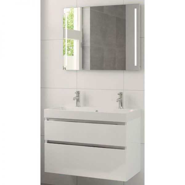 Bruynzeel Pinto meubelset 90 cm. met spiegel-wastafel 2xkraangat wit glanzend