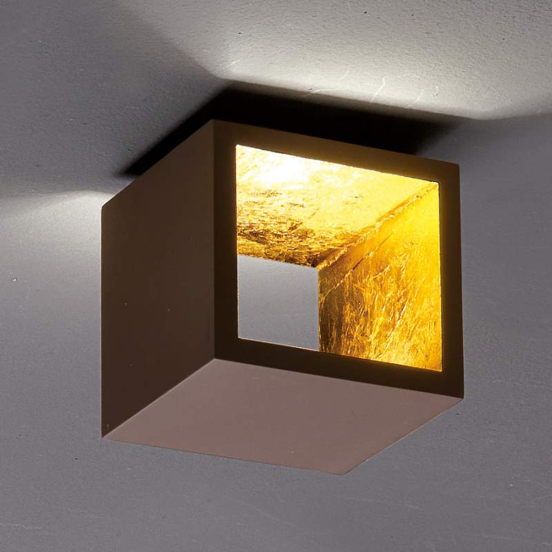 Dobbelsteen LED-plafondlamp Cubò, bruin, goud