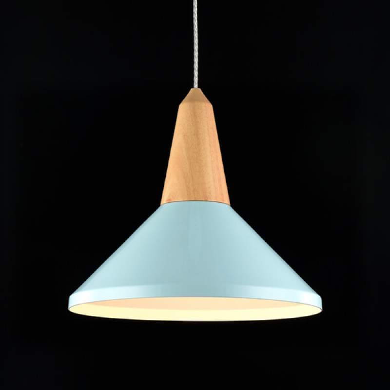 Blauwe hanglamp Trottola met beukenhout element