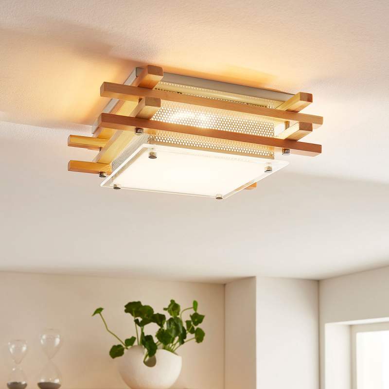 Hoekige houten LED plafondlamp Zuna, dimbaar