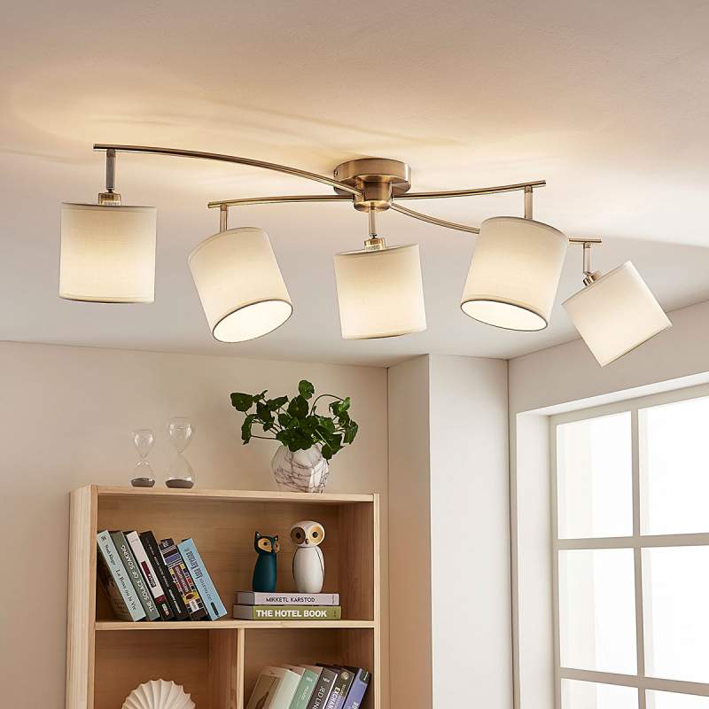 Witte stoffen LED plafondlamp Mirola, 5.lamps