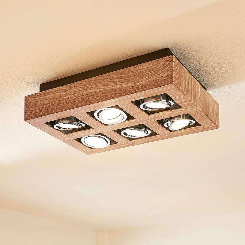 Vince - houtkleurige LED plafondlamp, 6-lamps