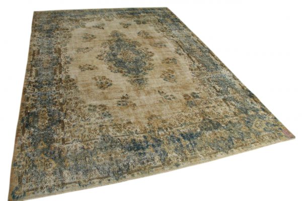 groot vintage vloerkleed, zandkleur met blauw 413cm x 297cm