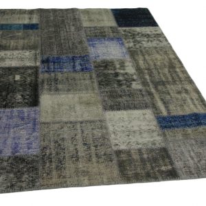 grijs, blauw patchwork vloerkleed 248cm x 170cm