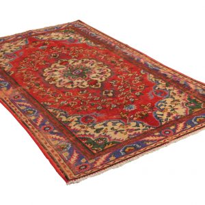 vintage vloerkleed, rood met blauw 270cm x 158cm