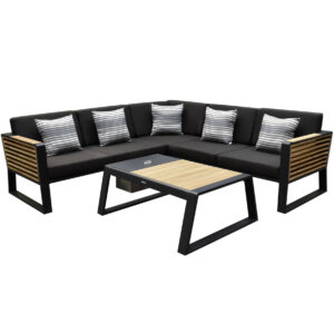 New-York hoek loungeset 4-delig zwart aluminium teak