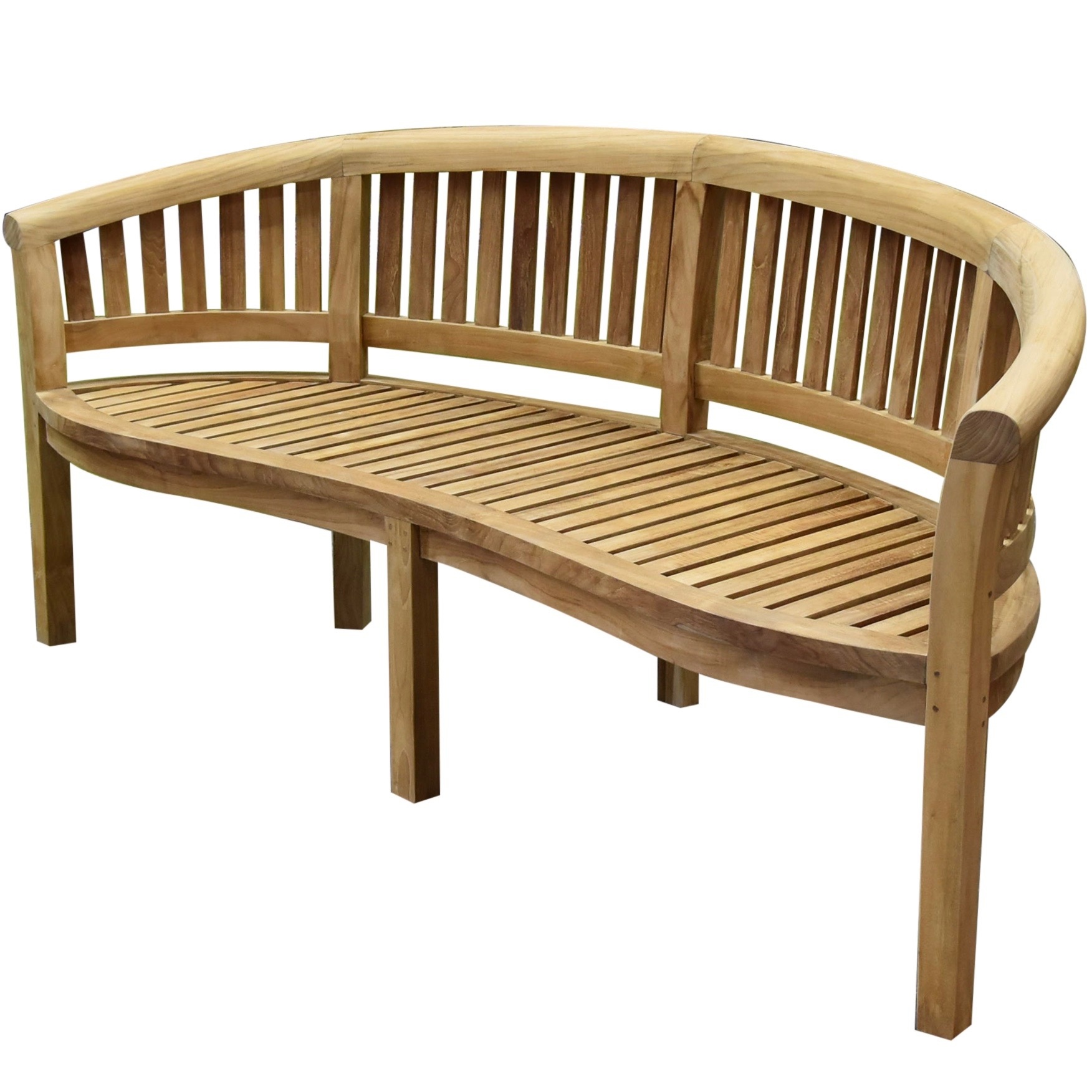 Bananen tuinbank 195 cm ronde rugleuning teak