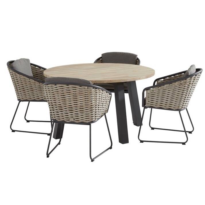 Bo Derby dining tuinset rond 5-delig aluminium bananen wicker teak Taste 4SO