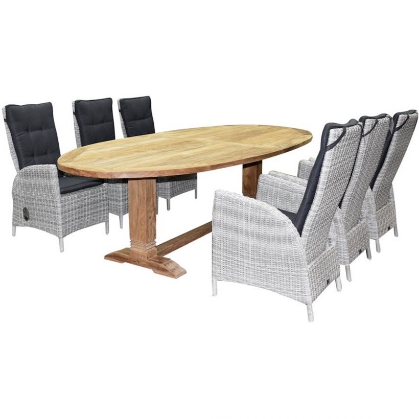 Ellips Menorca dining tuinset 240x110xH77 cm 7-delig teak wit grijs