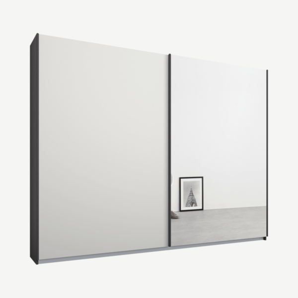 Malix kledingkast met 2 schuifdeuren, 225 cm, grafietgrijs frame, mat wit en spiegel deuren, standaard binnenkant