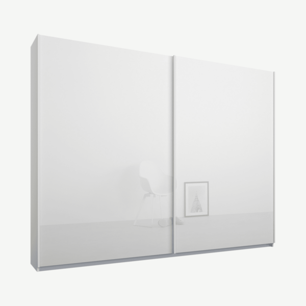 Malix tweedeurs kledingkast met schuifdeuren, 225 cm, wit frame, witte glazen deuren, klassiek interieur