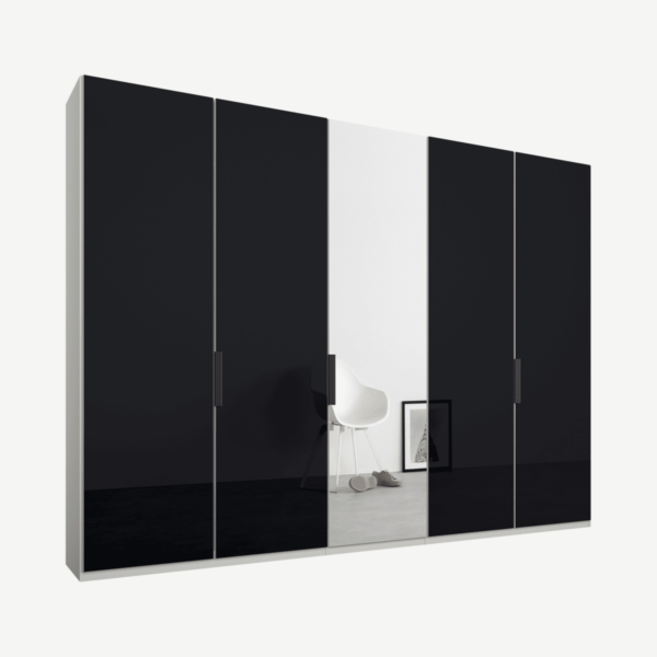 Caren Malix kledingkast met 5 deuren, 250 cm, wit frame, basaltgrijs glas en spiegels, standaard