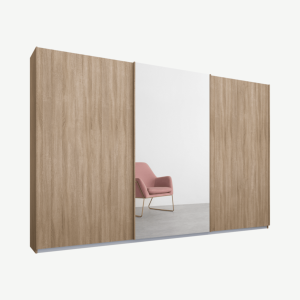 Malix driedeurs kledingkast met schuifdeuren, 270 cm, eiken frame, eiken en spiegeldeuren, premium interieur