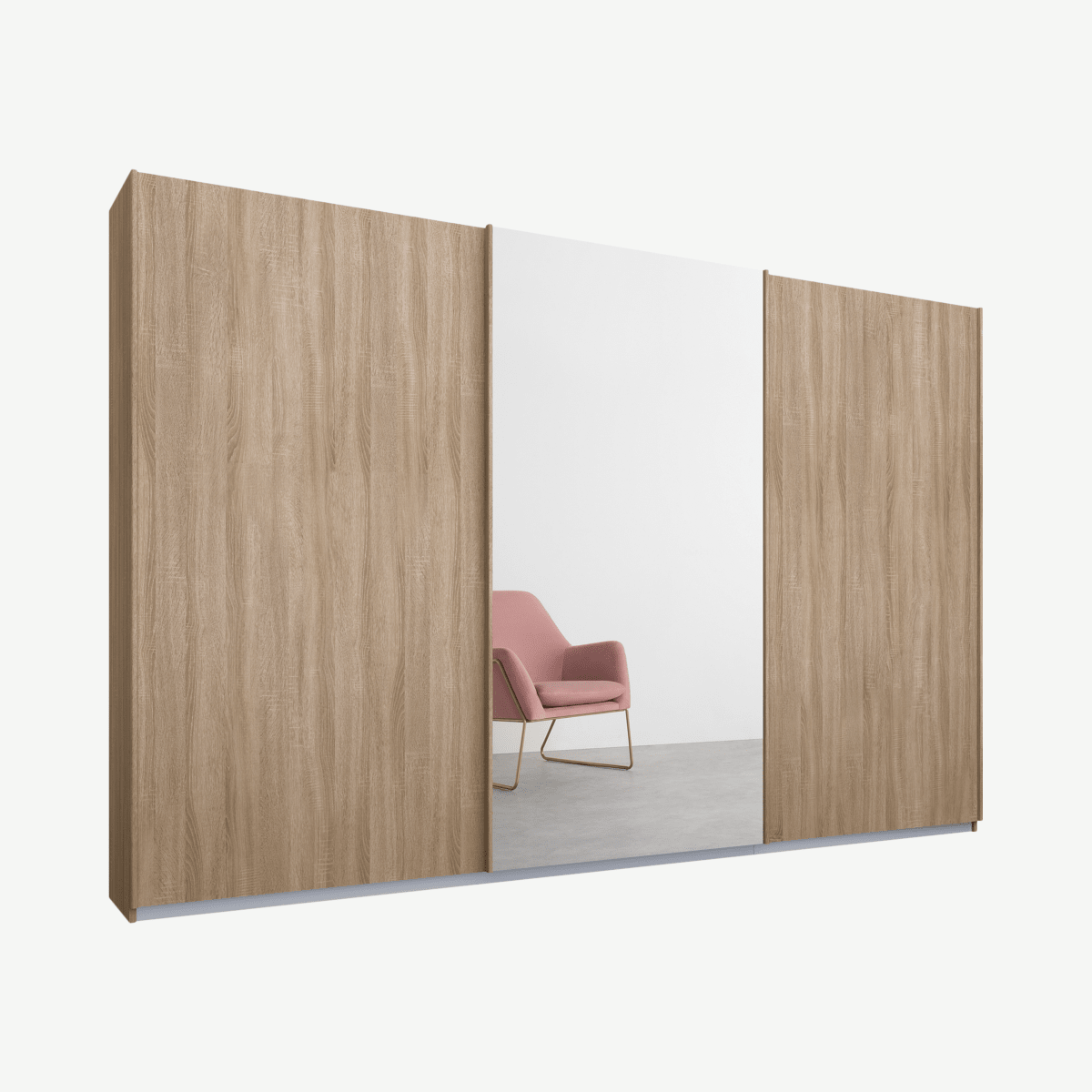 05b0dba89e0d168f82056d035f299fcda7980e11_WDIMAL072GMR_UK_Malix_3_door_270cm_Sliding_Wardrobe_Oak_frame_Oak_Mirror_doors_Standard_Interio.png Malix kledingkast met 3 schuifdeuren, 270 cm eiken frame, eiken en spiegeldeuren, standaard binnenkant