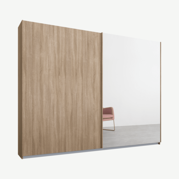 Malix tweedeurs kledingkast met schuifdeuren, 225 cm, eiken frame, eiken en spiegeldeuren, klassiek interieur