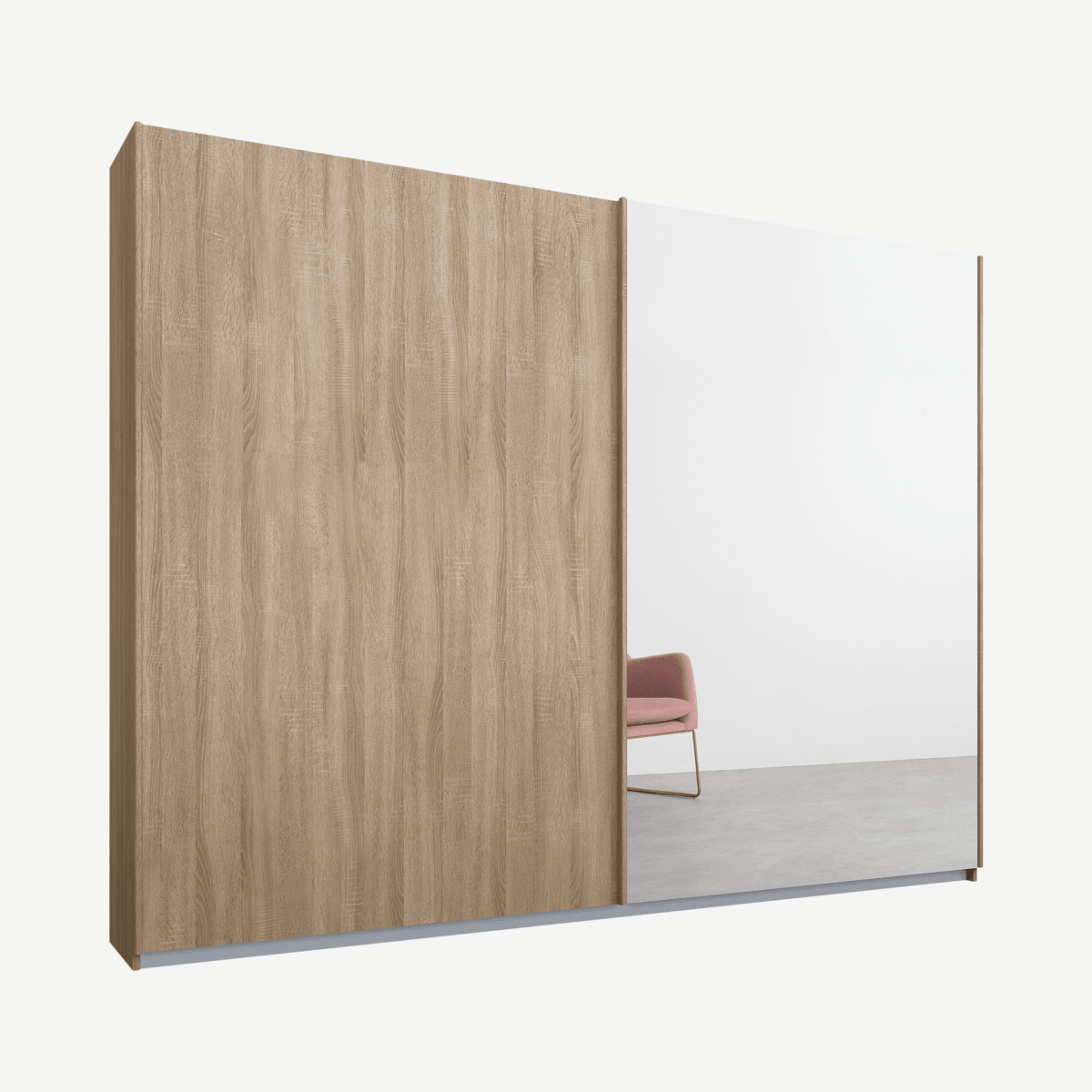 067a6c280d5262a8967551054fa44c57d1d63b5d_WDIMAL037OMR_UK_Malix_2_door_225cm_Sliding_Wardrobe_Oak_frame_Oak_Mirror_doors_Standard_Interio.png Malix tweedeurs kledingkast met schuifdeuren, 225 cm, eiken frame, eiken en spiegeldeuren, klassiek interieur