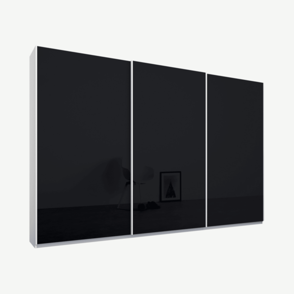 Malix driedeurs kledingkast met schuifdeuren, 270 cm, wit frame, basaltgrijze glazen deuren, premium interieur