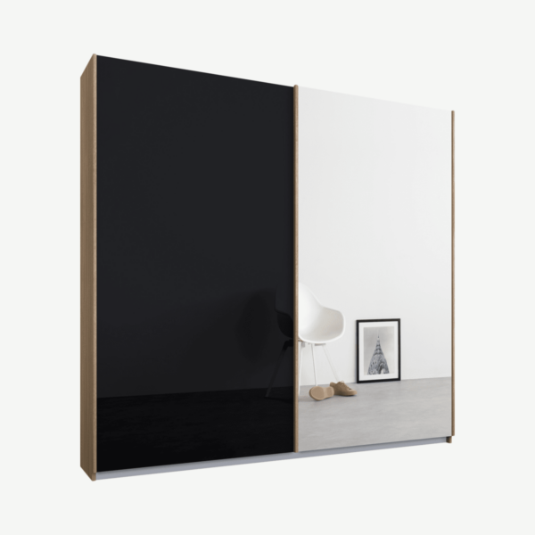 Malix tweedeurs kledingkast met schuifdeuren, 181 cm, eiken frame, basaltgrijs glas en spiegeldeuren, premium interieur