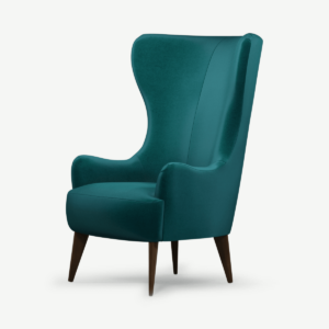 Bodil fauteuil, Toscaans turkooisblauw fluweel met donkere houten poten