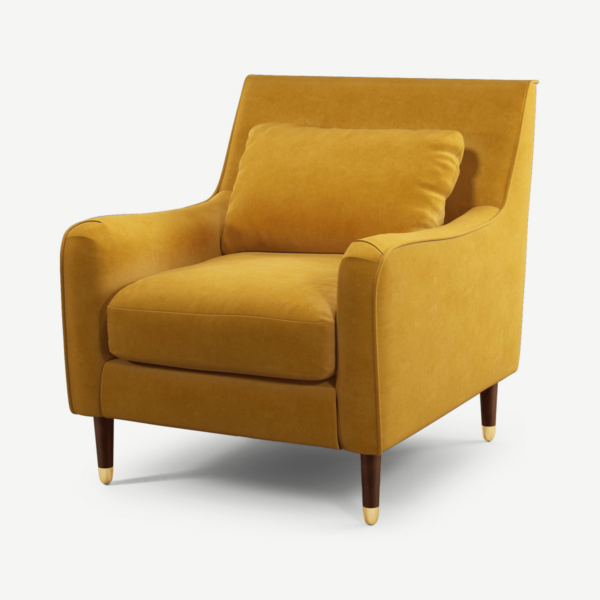 Content by Terence Conran Oksana fauteuil,  kurkuma geel fluweel met poten in donker hout en messing