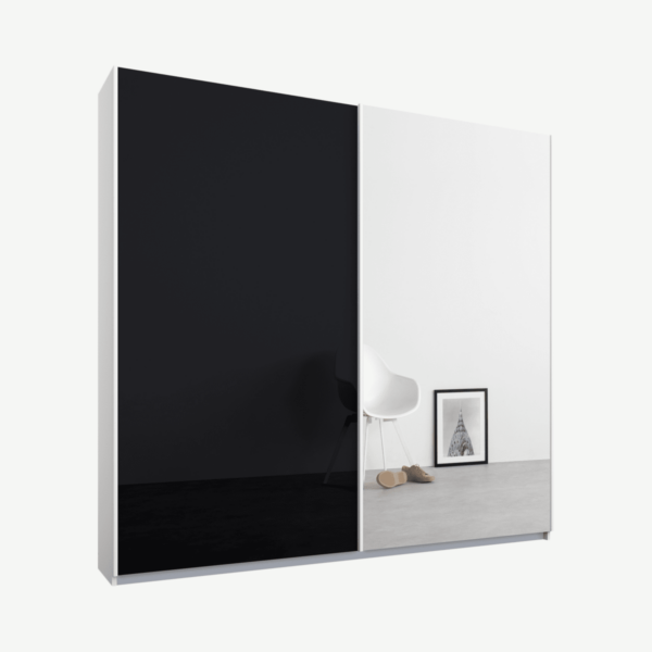 Malix tweedeurs kledingkast met schuifdeuren, 181 cm, wit frame, basaltgrijs glas en spiegeldeuren, klassiek interieur