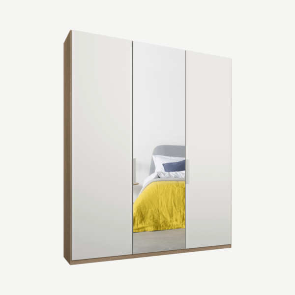 Caren driedeurs kledingkast met handvatten, 150 cm, eiken frame, matwit en spiegeldeuren, klassiek interieur