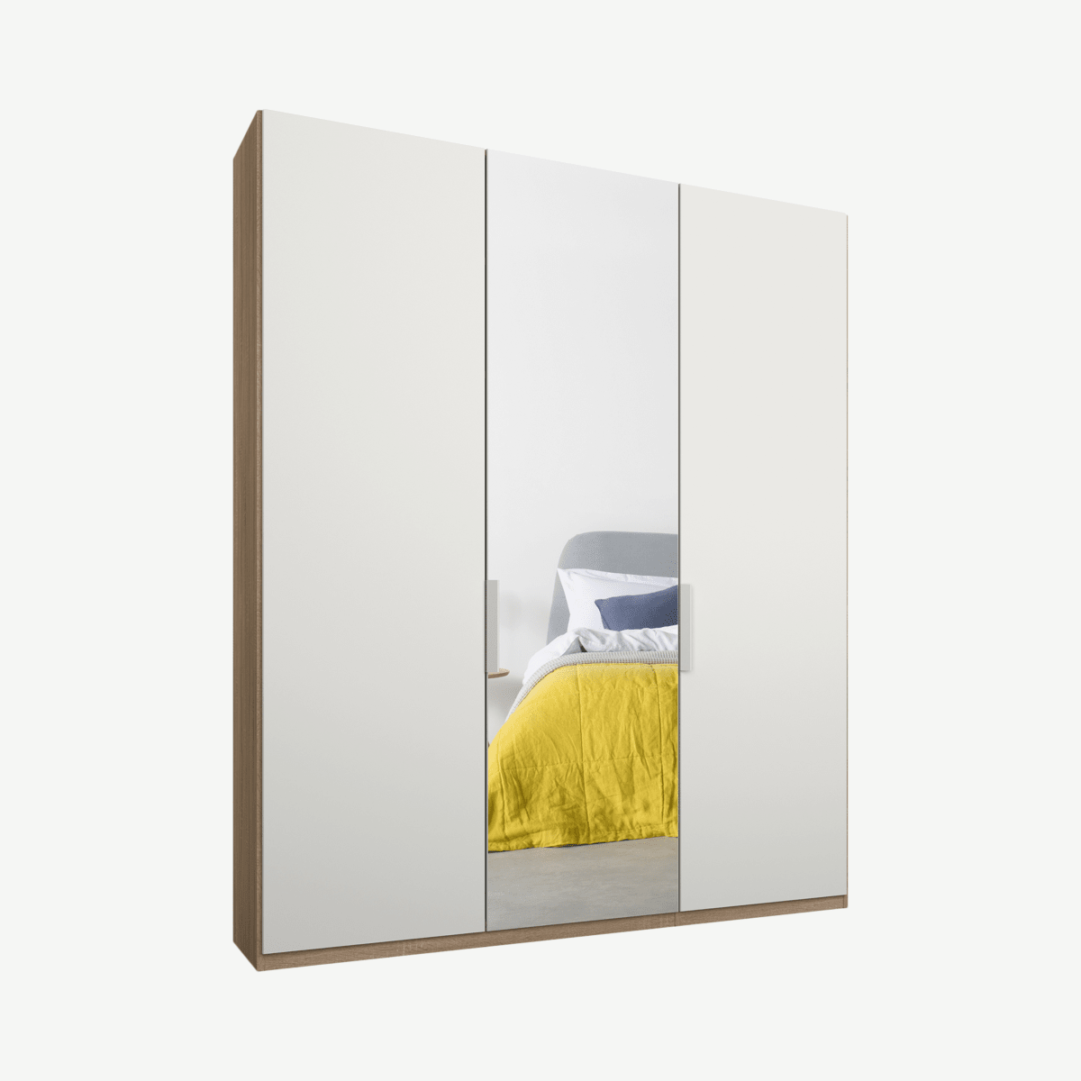 12e1aa641d2bc35d77cfb6f4c40e74cbb02436d2_WDICAR034OMR_UK_Caren_3_door_150cm_Hinged_Wardrobe_Oak_Frame_matte_White_Mirror_Doors_Standard_.png Caren driedeurs kledingkast met handvatten, 150 cm, eiken frame, matwit en spiegeldeuren, klassiek interieur