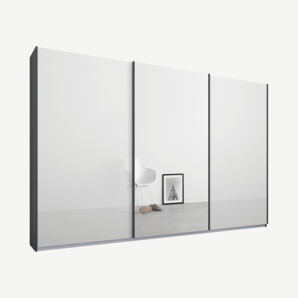 Malix kledingkast met 3 schuifdeuren, 270 cm grafietgrijs frame, wit glas en spiegeldeuren, standaard binnenkant