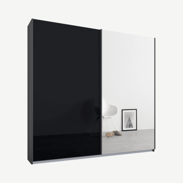 Malix kledingkast met 2 schuifdeuren, 181 cm, grafietgrijs frame, basaltgrijs glas en spiegel deuren, standaard interieur