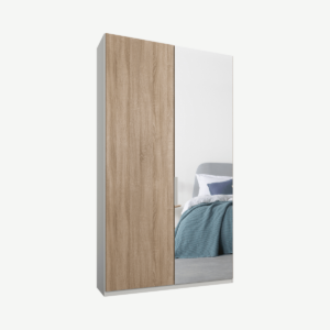 Caren tweedeurs kledingkast met handvatten, 100 cm, wit frame, eiken en spiegeldeuren, premium interieur