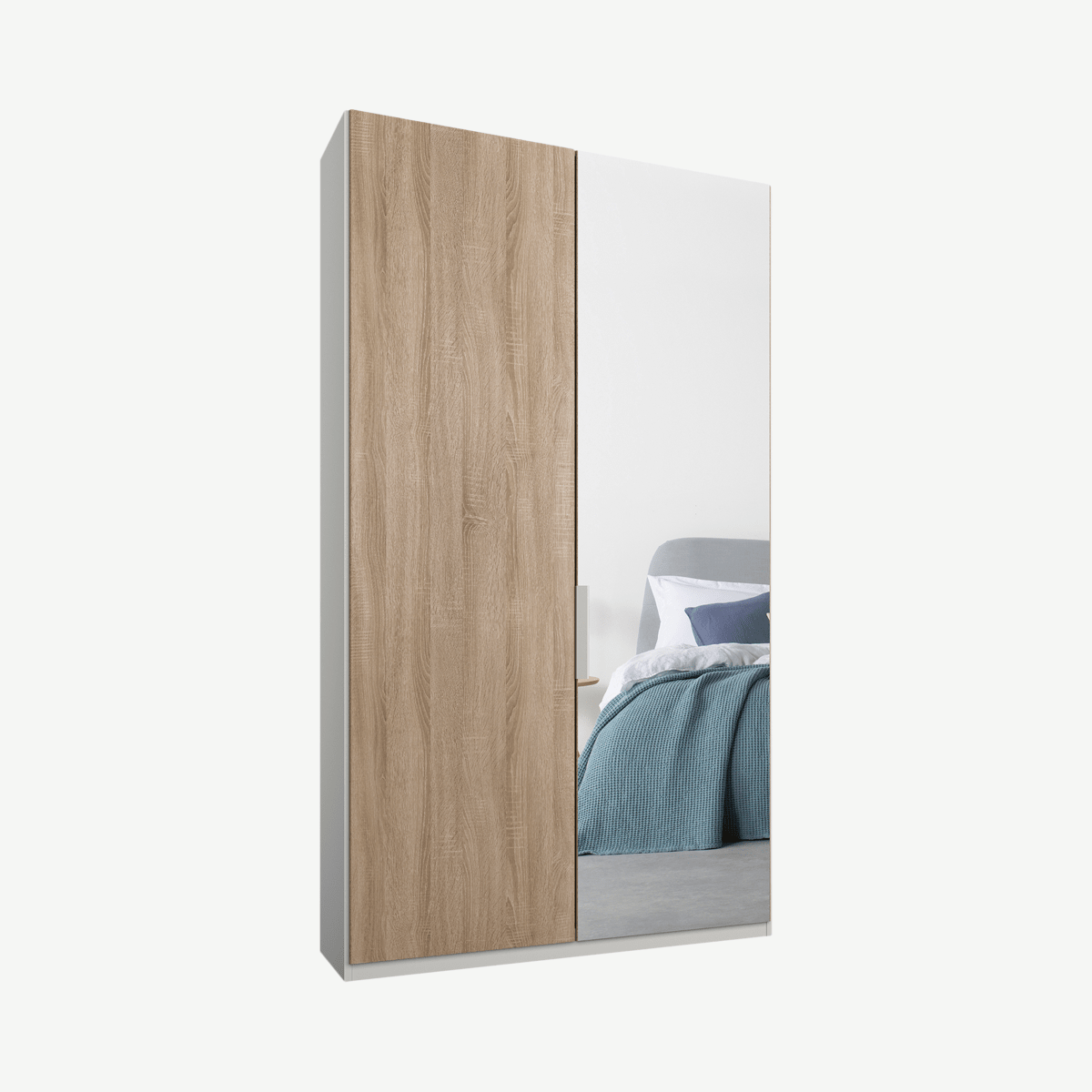 15b22c8aee35b53fc8cc2a13a7e381c85c6ba22b_WDICAR016GMR_UK_Caren_2_door_100cm_Hinged_Wardrobe_White_Frame_Oak_Mirror_Doors_Standard_Interi.png Caren tweedeurs kledingkast met handvatten, 100 cm, wit frame, eiken en spiegeldeuren, standaard interieur