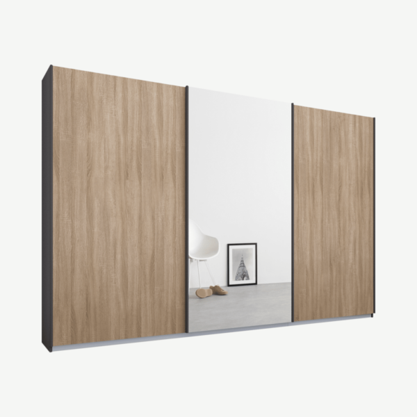 Malix kledingkast met 3 schuifdeuren, 270 cm grafietgrijs frame, eiken en spiegeldeuren, standaard binnenkant