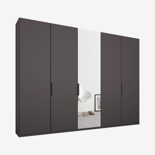 Caren Malix kledingkast met 5 deuren, 250 cm, grafietgrijs frame, mat grafietgrijs en spiegeldeuren, standaard