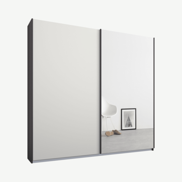 Malix tweedeurs kledingkast met schuifdeuren, 181 cm, grafietgrijs frame, matwit en spiegeldeuren, standaard interieur