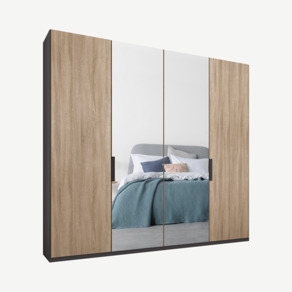 Caren Malix kledingkast met 4 deuren, 200 cm, grafietgrijs frame, eiken en spiegeldeuren, standaard