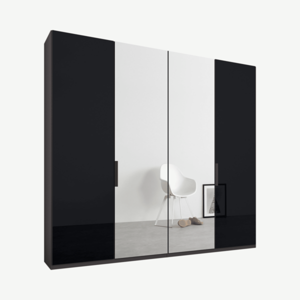 Caren Malix kledingkast met 4 deuren, 200 cm, grafietgrijs frame, basaltgrijs glas en spiegels, standaard