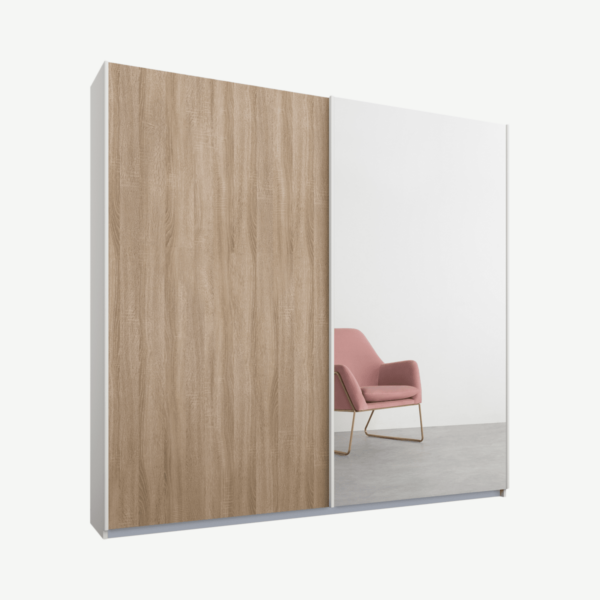 Malix tweedeurs kledingkast met schuifdeuren, 181 cm, wit frame, eiken en spiegeldeuren, premium interieur