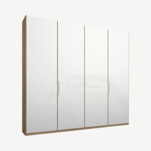 Caren vierdeurs kledingkast met handvatten, 200 cm, eiken frame, witte glazen deuren, premium interieur