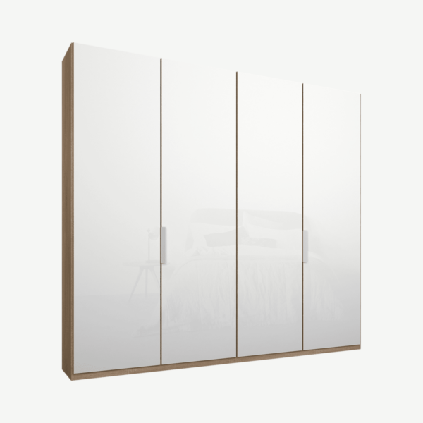 Caren Malix kledingkast met 4 deuren, 200 cm, eiken frame, witte, glazen deuren, standaard