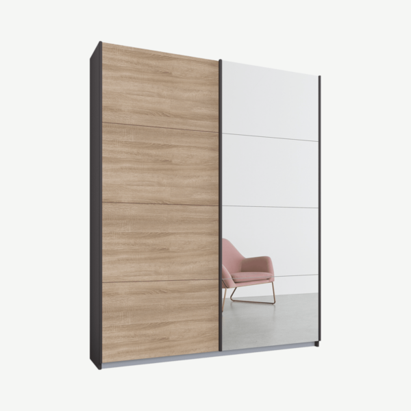 Malix tweedeurs kledingkast met schuifdeuren, 135 cm, grafietgrijs frame, eiken en spiegeldeuren, premium interieur