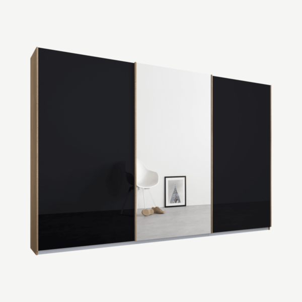 Malix kledingkast met 3 schuifdeuren, 270 cm eiken frame, basaltgrijs glas en spiegels, standaard binnenkant