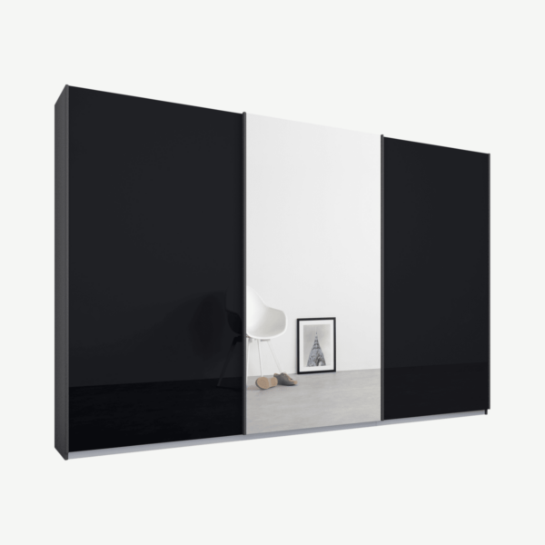 Malix driedeurs kledingkast met schuifdeuren, 270 cm, grafietgrijs frame, basaltgrijs glas en spiegeldeuren, premium interieur